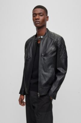 BOSS - Nappa-leather bomber jacket wing collar