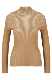 Mock-neck sweater in stretch fabric with ribbed structure, Patterned