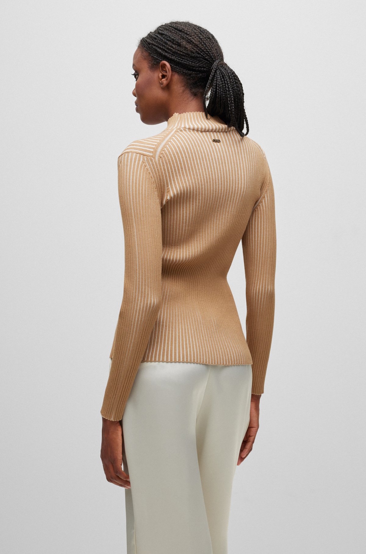 Mock-neck sweater in stretch fabric with ribbed structure, Patterned