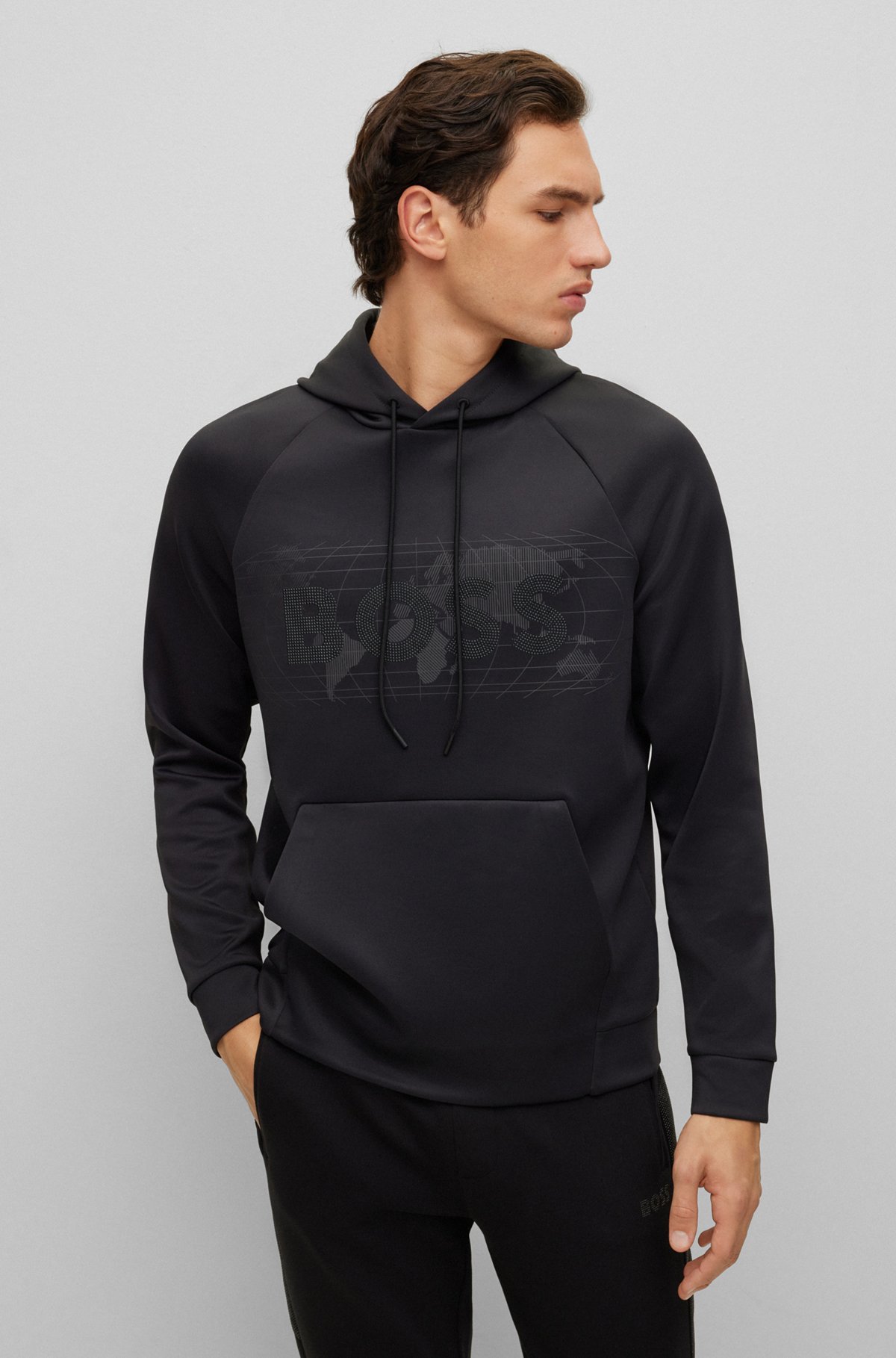 BOSS - Stretch-interlock relaxed-fit hoodie with rhinestone logo