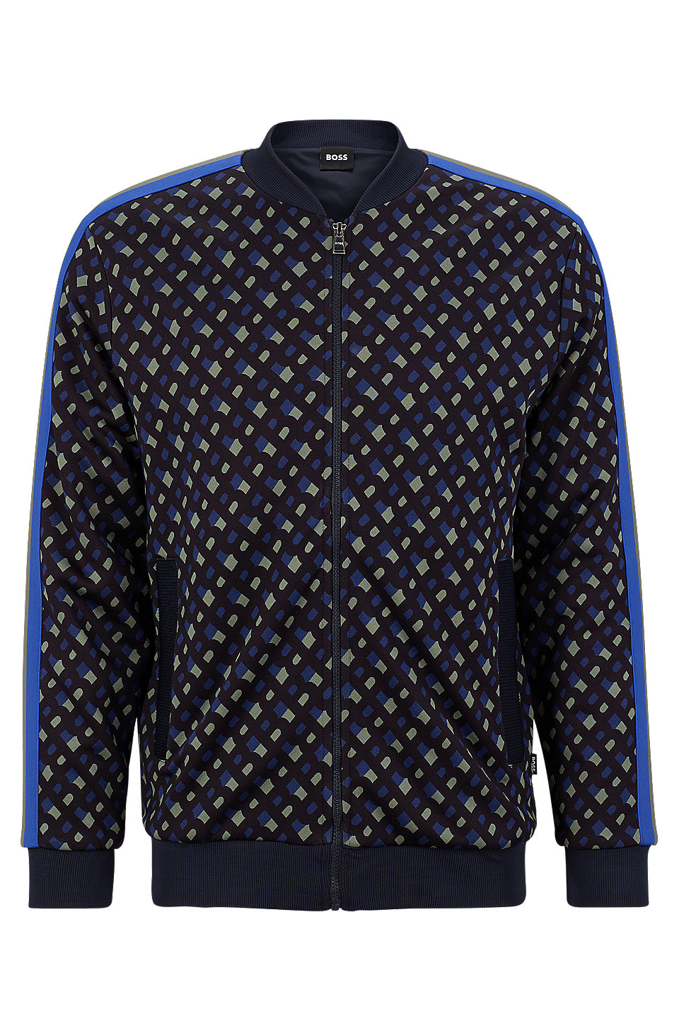 Boss Men's Zip-Up Sweatshirt with Monogram Print - Dark Blue - Size Large