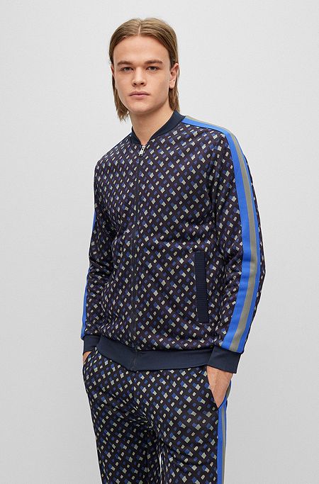 Zip-up sweatshirt with monogram print, Dark Blue