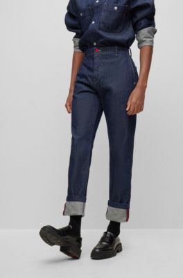 HUGO - Denim regular-fit jeans with stacked-logo jacquard