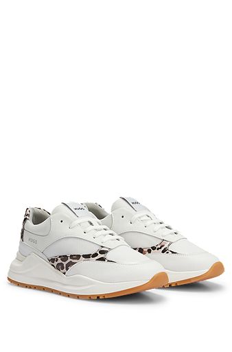 Mixed-material trainers with leopard-motif accents, White