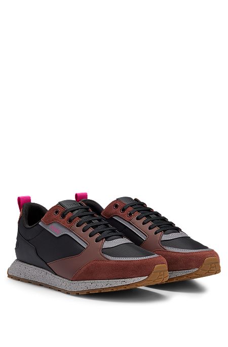 Mixed-material low-top trainers with suede facings, Light Brown