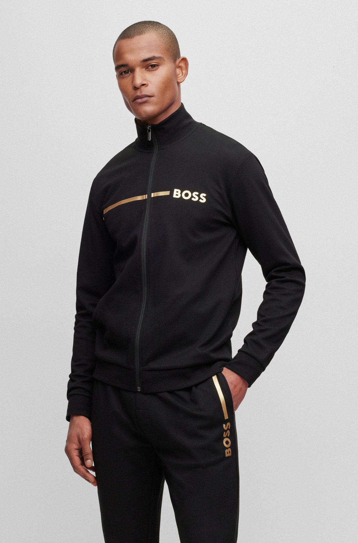 BOSS - Cotton-blend loungewear jacket with stripe and logo