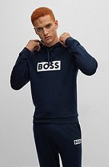 Regular-fit hoodie in French terry with logo print, Dark Blue