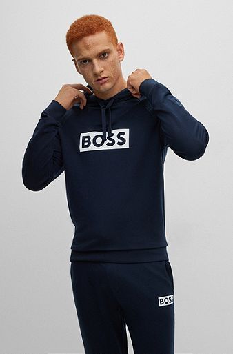 Regular-fit hoodie in French terry with logo print, Dark Blue