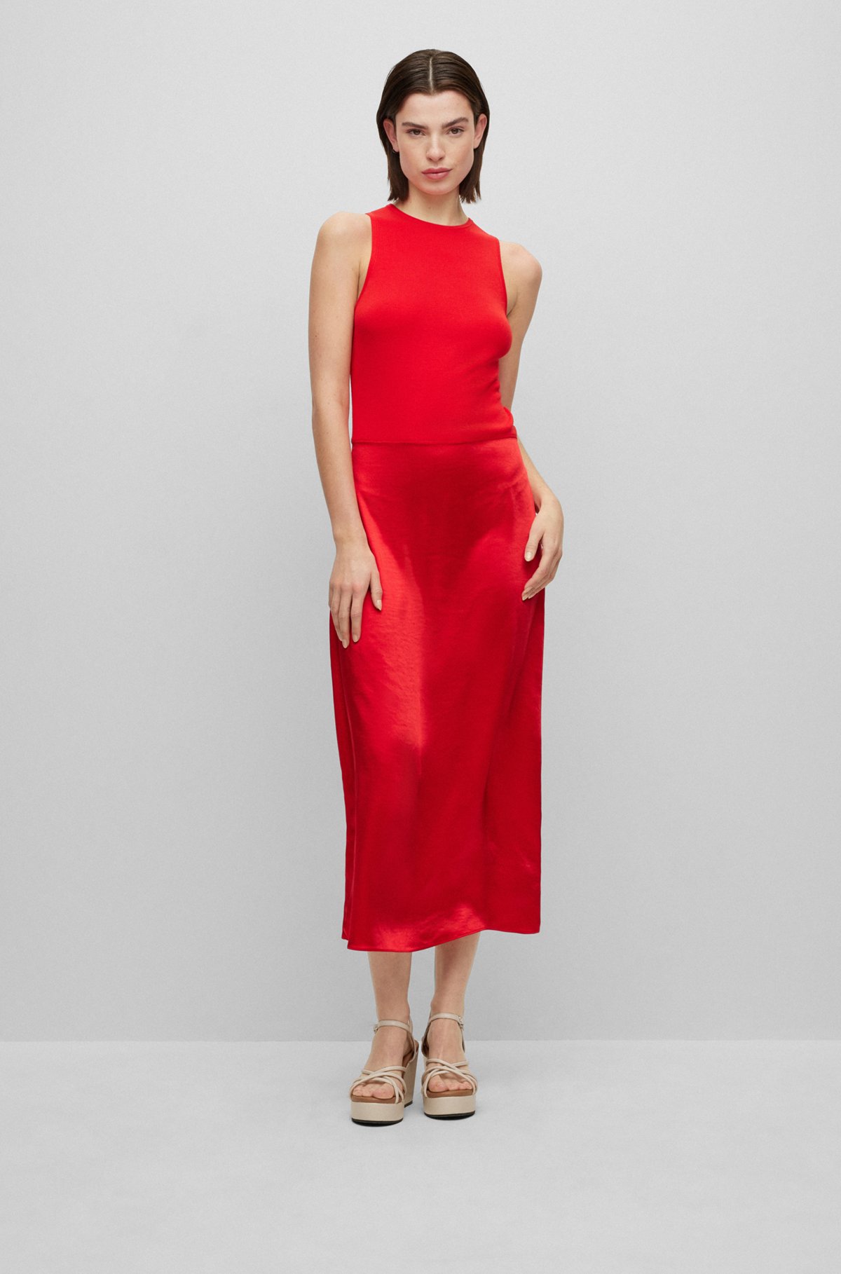 Slim-fit sleeveless dress in tonal fabrics, Light Red