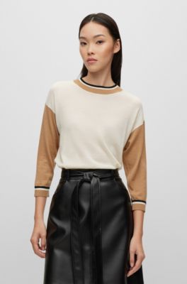 Shop Hugo Boss Colour-blocked Sweater In Super-fine Merino Wool In Patterned