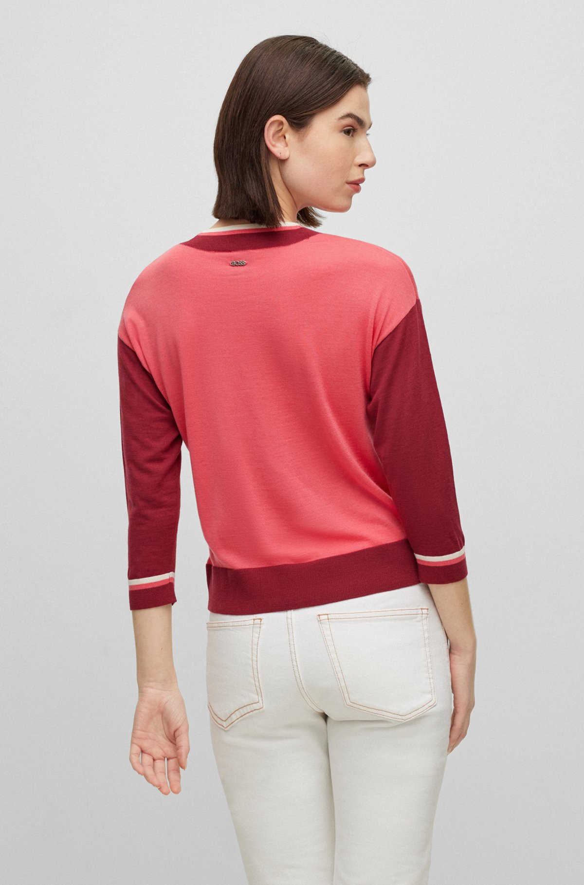 Colour-blocked sweater in super-fine merino wool, Patterned