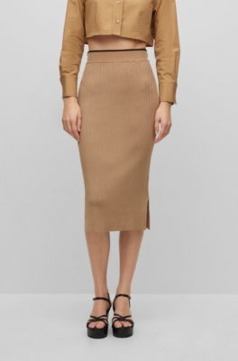 Hugo Boss Knitted Pencil Skirt With Ribbed Structure In Beige