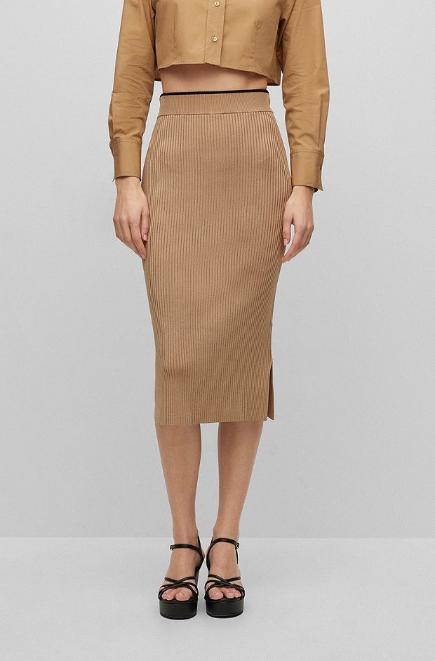Knitted pencil skirt with ribbed structure, Beige