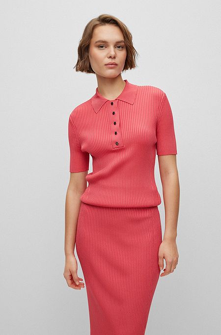 Slim-fit ribbed top with press-stud placket, Pink