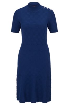 Shop Hugo Boss Short-sleeved Dress With Knitted Structure In Dark Blue