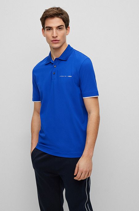 Porsche x BOSS stretch-cotton polo shirt with capsule logo, Blue