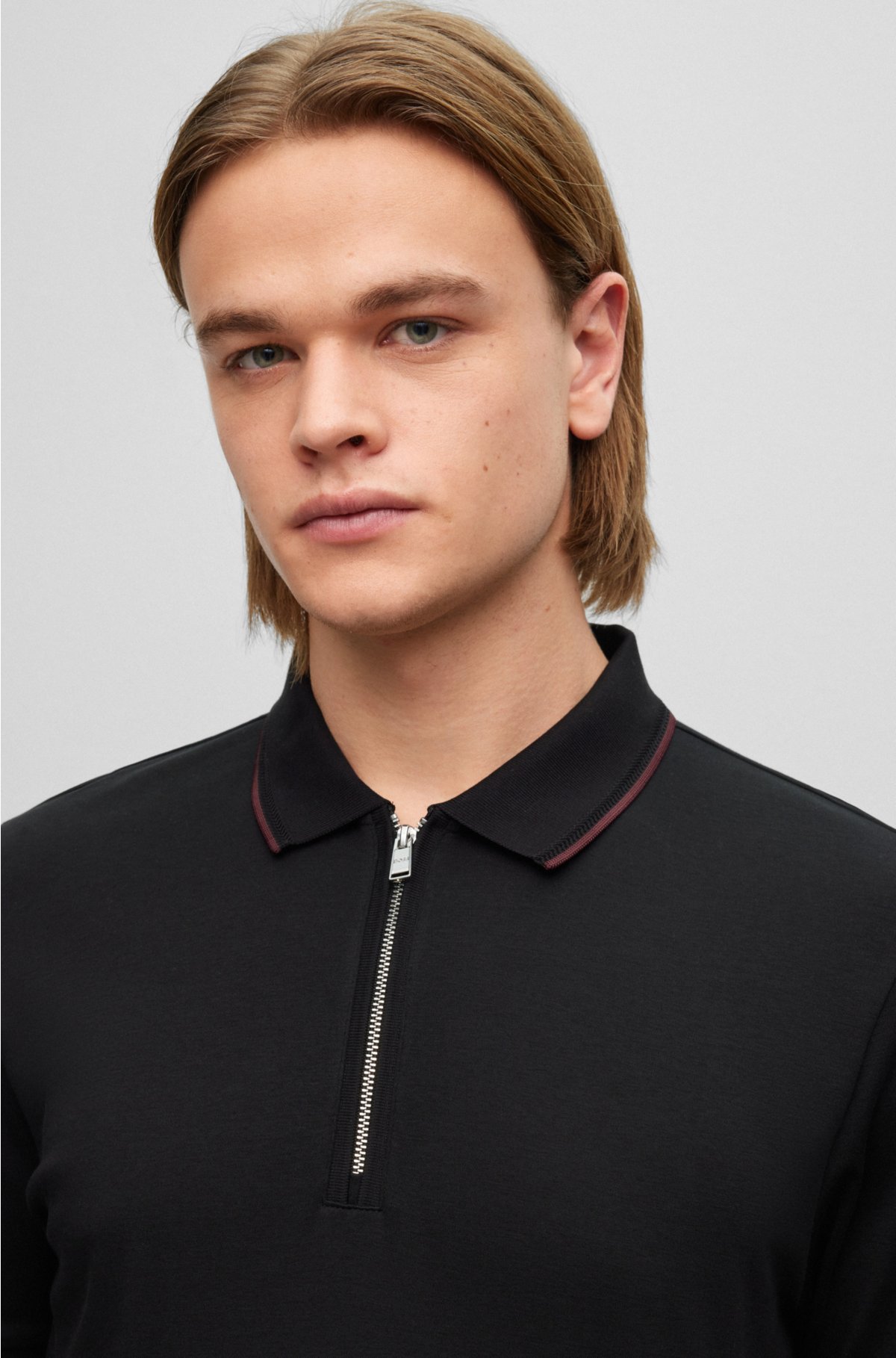 - Zip-neck slim-fit polo shirt in interlock cotton