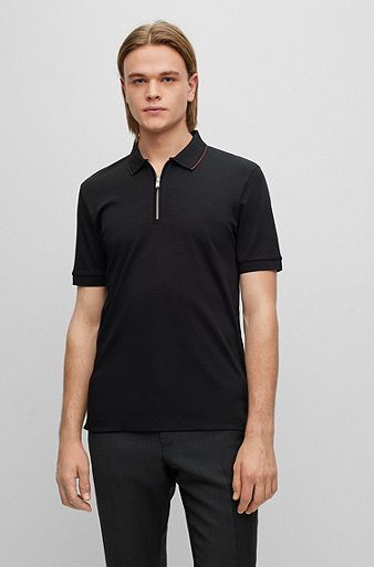 Zip-neck slim-fit polo shirt in interlock cotton, Black