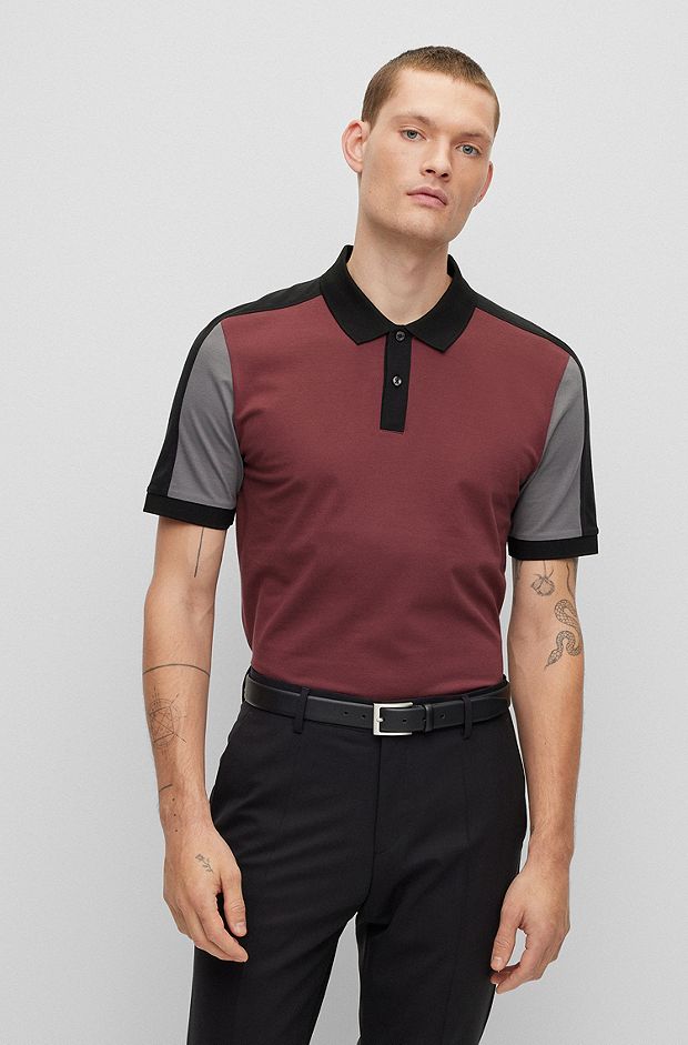 Colour-blocked slim-fit polo shirt in mercerized cotton, Dark Red