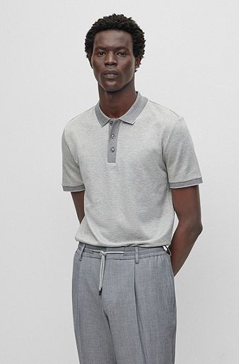 Slim-fit polo shirt in cotton and silk, Silver
