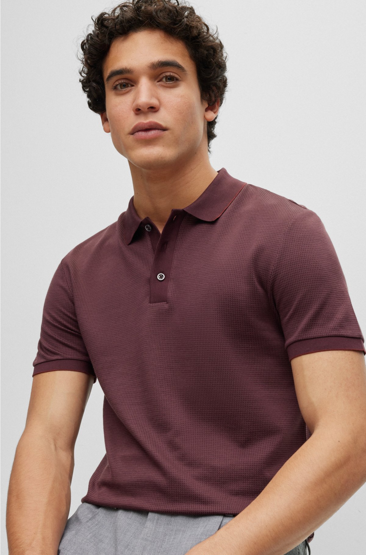 - Slim-fit polo shirt in cotton and silk