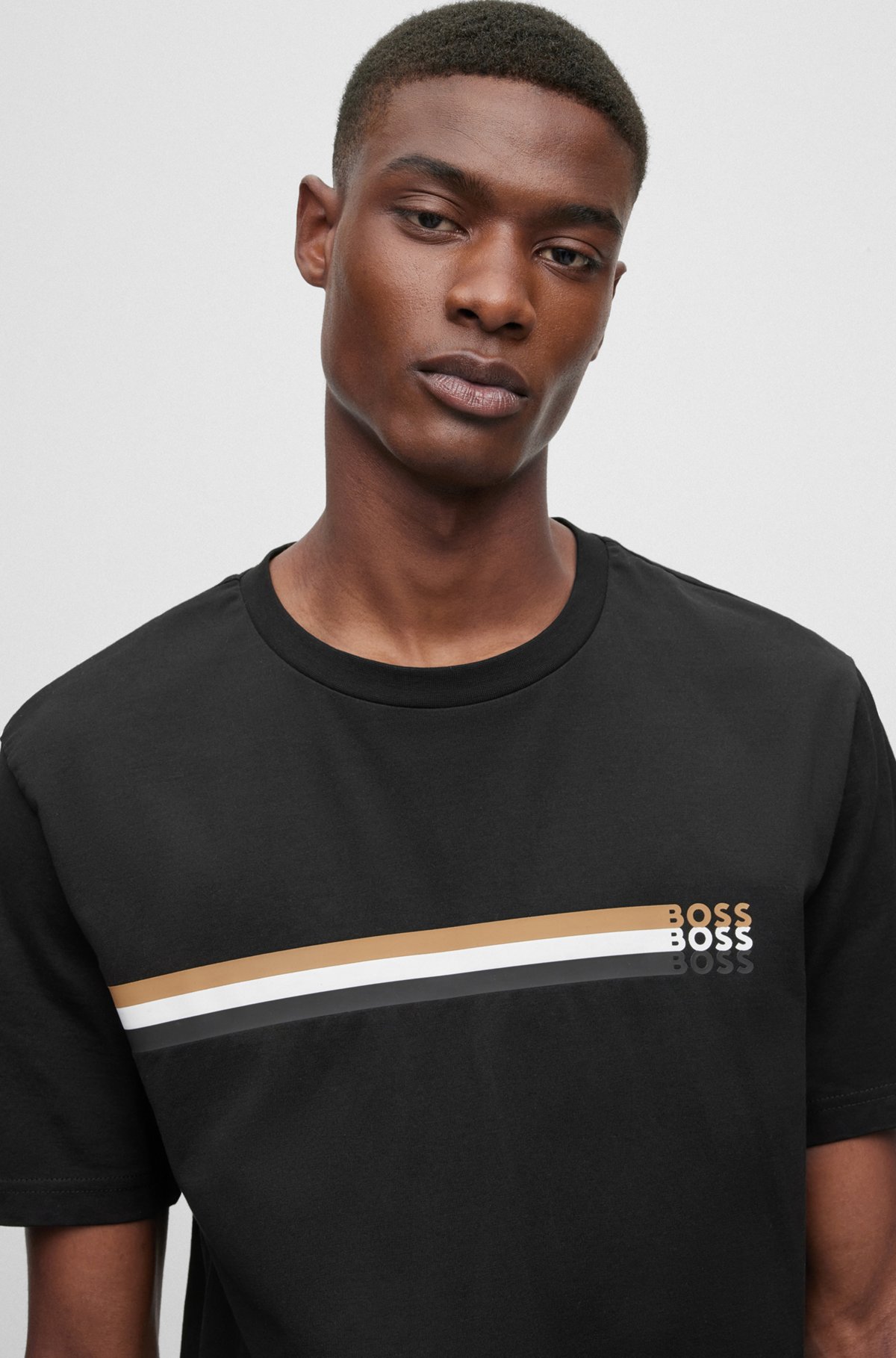 Cotton-jersey T-shirt with signature-stripe logo print, Black