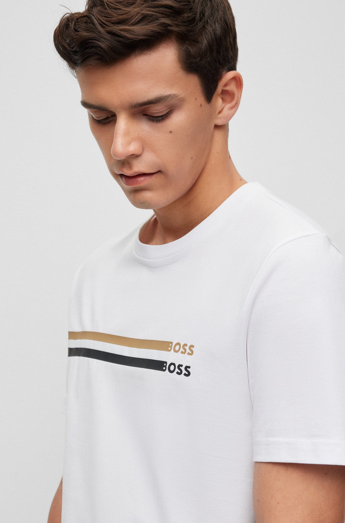 Cotton-jersey T-shirt with signature-stripe logo print, White