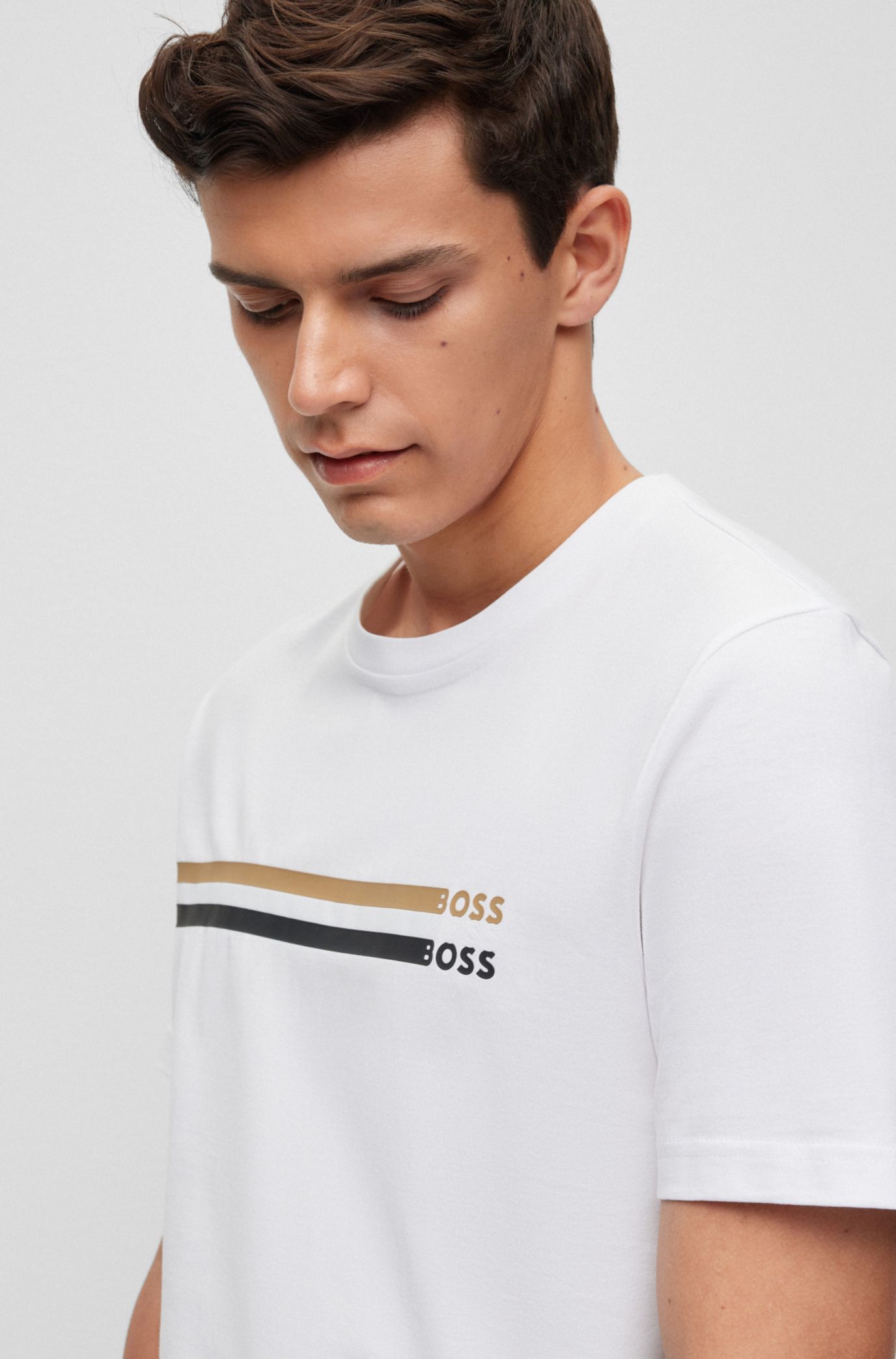 BOSS - Cotton-jersey T-shirt with signature-stripe logo print