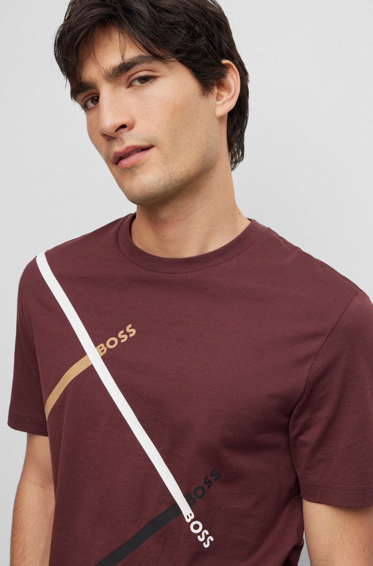 Cotton-jersey T-shirt with signature-stripe logo print, Dark Red