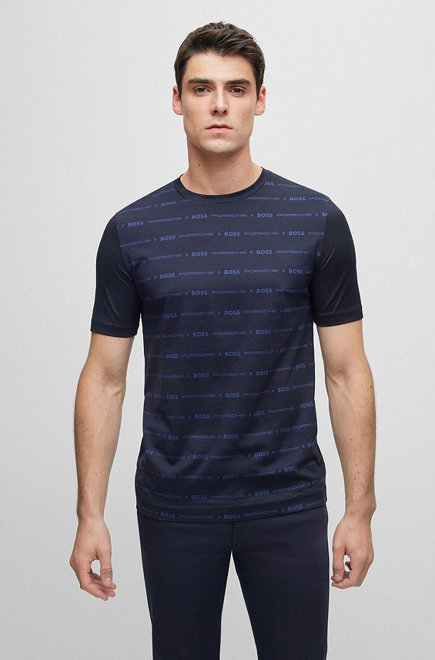 T-shirt Slim Fit en coton mercerisé Porsche x BOSS , Bleu foncé