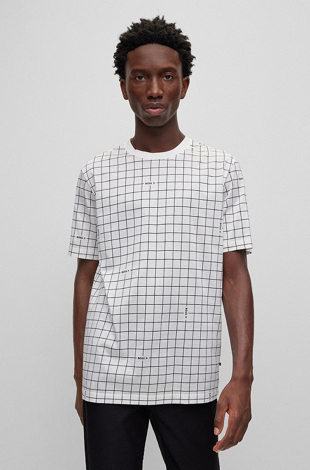 Camiseta de punto de algodón con logo estampado en cuadrícula, Blanco