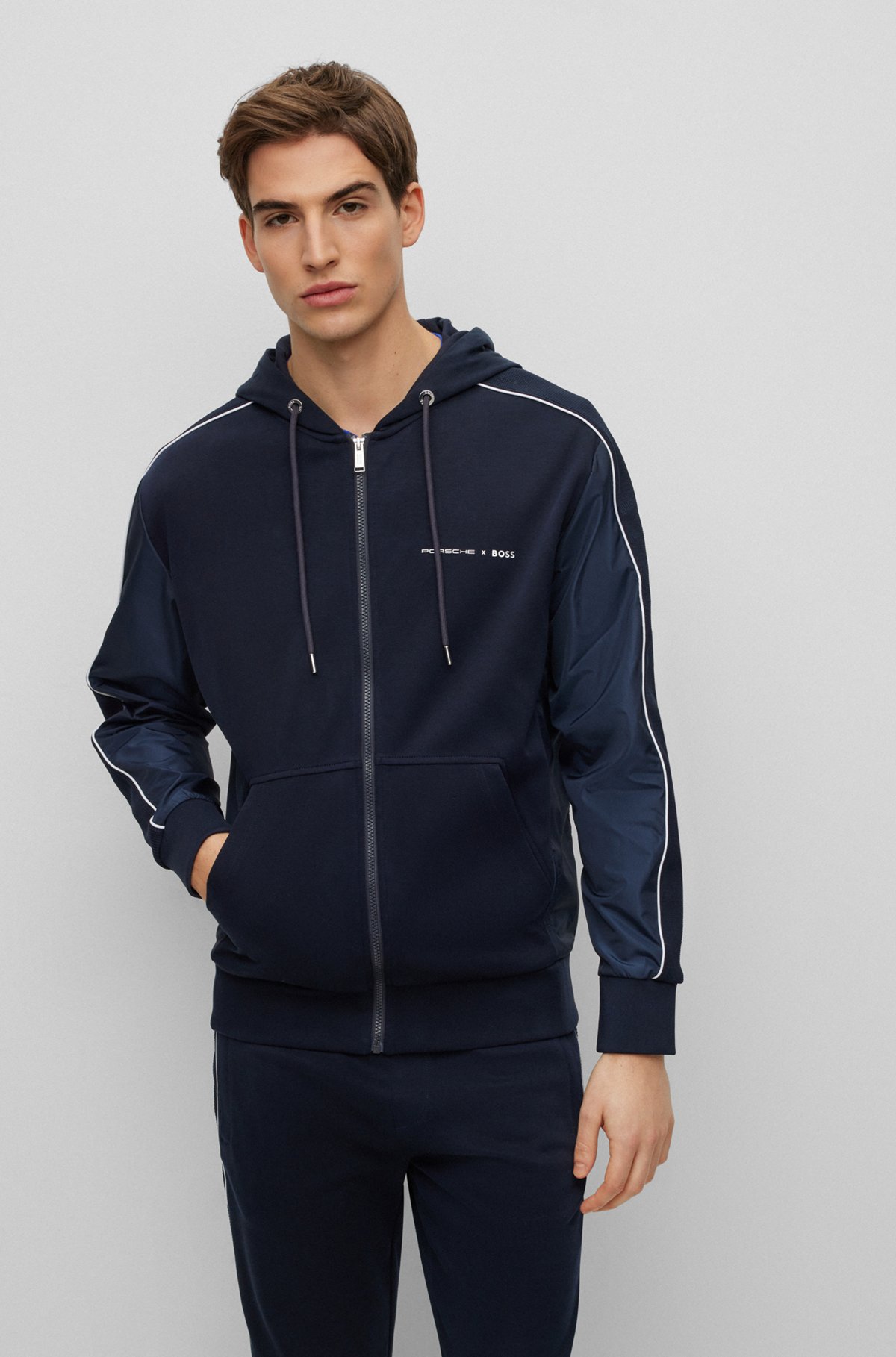 BOSS - Porsche x BOSS cotton-blend zip-up hoodie with tonal mesh