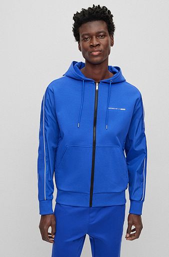 Porsche x BOSS cotton-blend zip-up hoodie with tonal mesh, Blue