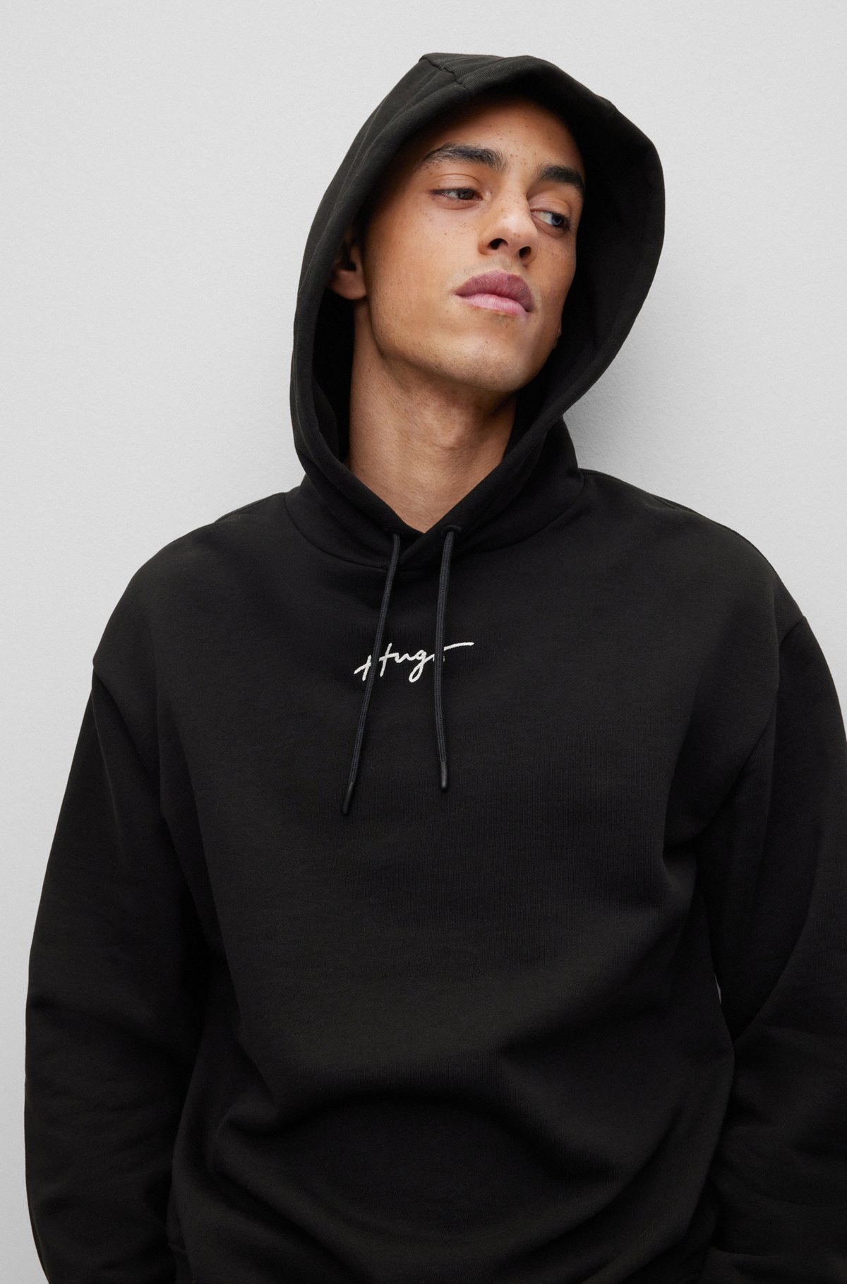 HUGO - Relaxed-fit cotton-terry hoodie with handwritten logo