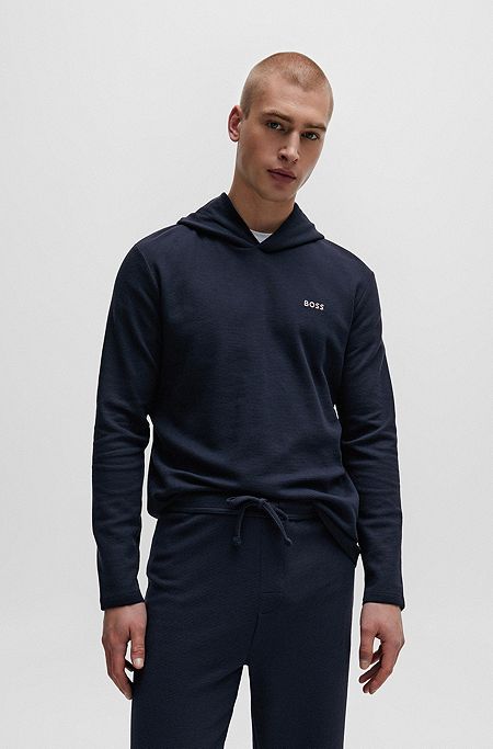 Waffle-structured pajama hoodie with embroidered logo, Dark Blue