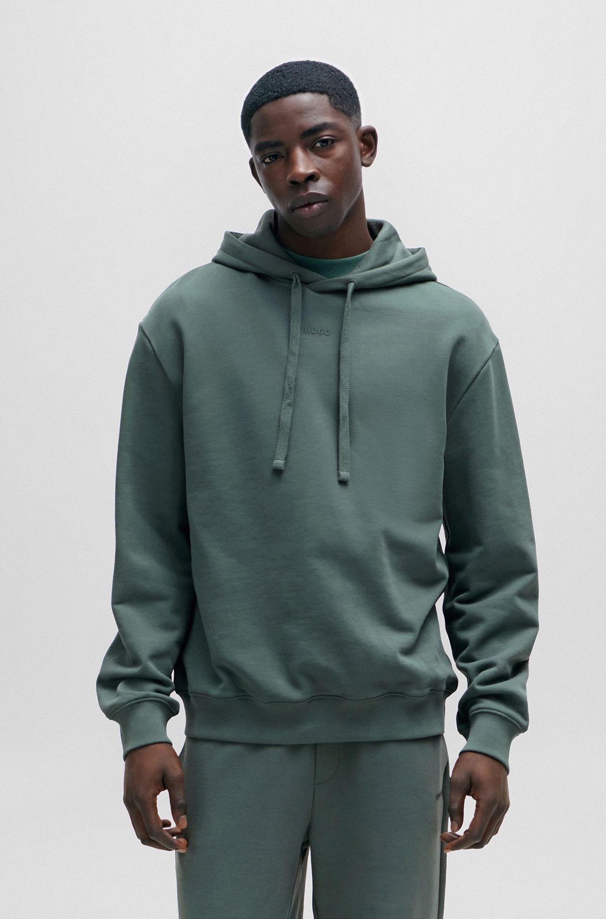 Cotton-terry relaxed-fit hoodie with logo print, Dark Green