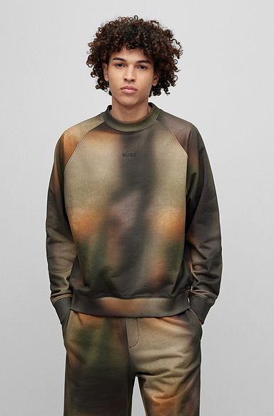 Cotton-terry sweatshirt with bleach-effect camouflage print, Patterned