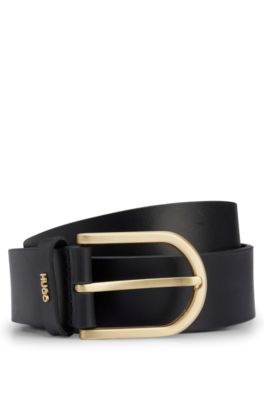 Ceinture en cuir avec passant dor&eacute; logot&eacute;, Noir