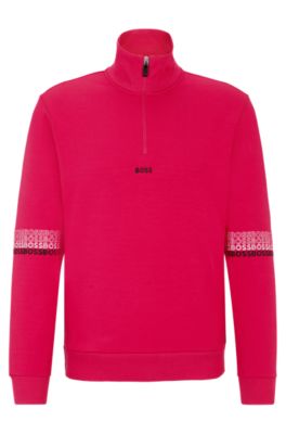 Shop Hugo Boss Cotton-blend Zip-neck Sweatshirt With Multi-colored Logos In Pink