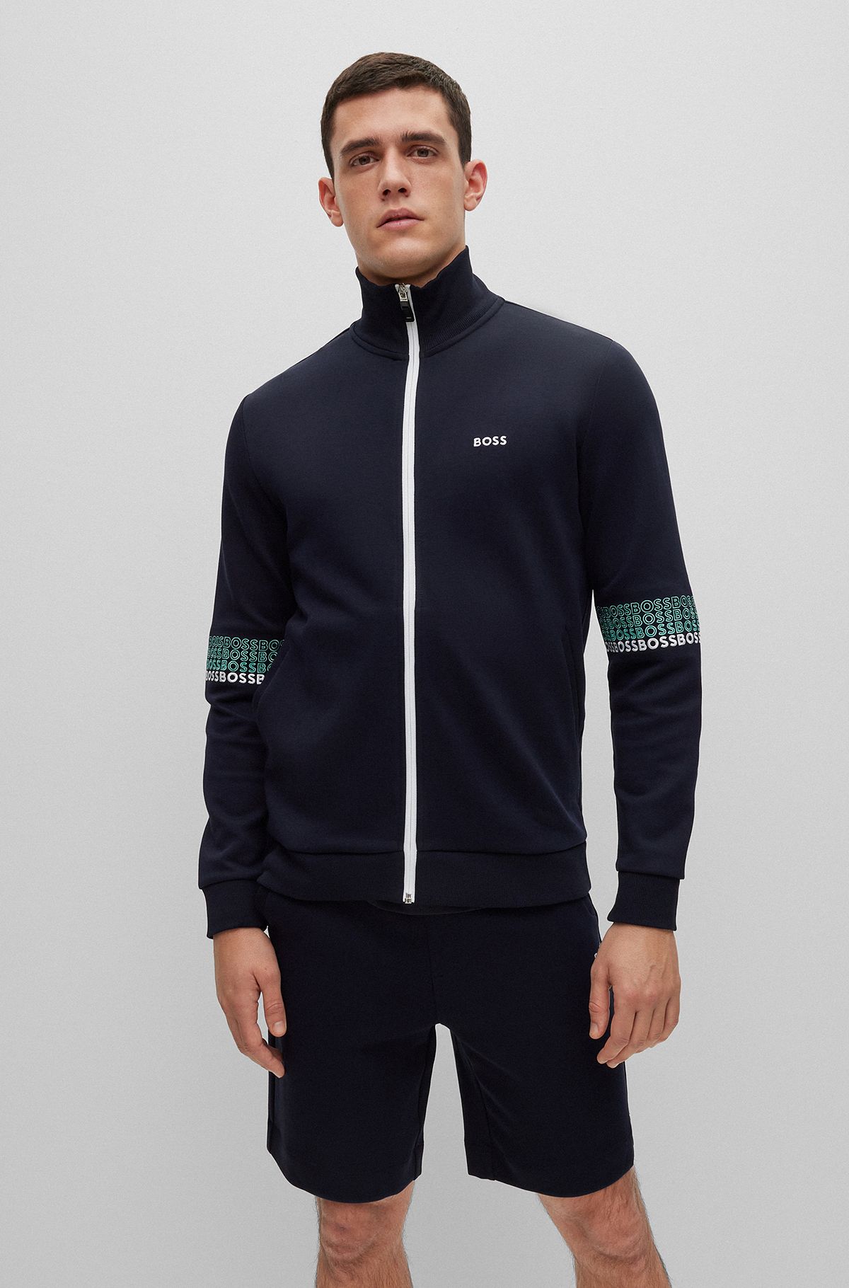 Cotton-blend zip-up sweatshirt with multi-colored logos, Dark Blue