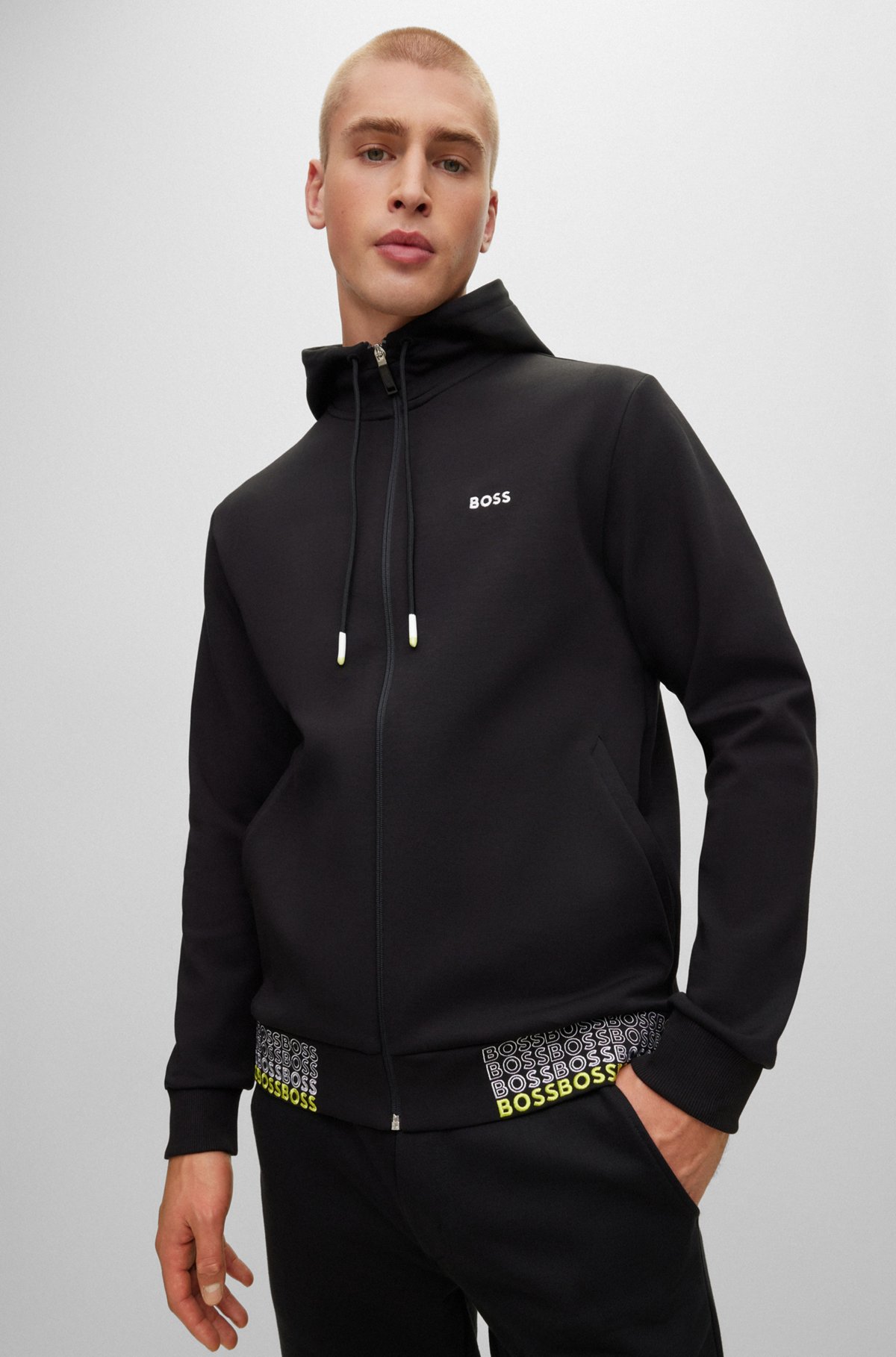 BOSS - Cotton-blend zip-up hoodie with embroidered logos