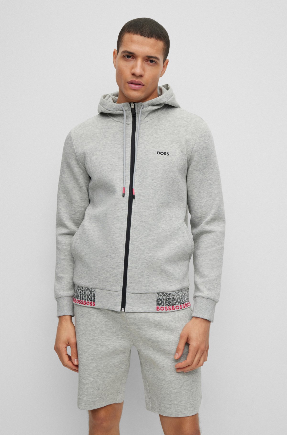 BOSS - Cotton-blend zip-up hoodie with embroidered logos