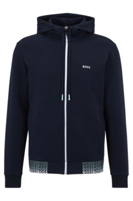 BOSS - Sweat zippé en coton mélangé à capuche et logo brodé