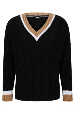 BOSS - Cotton-blend V-neck sweater with cabled structure