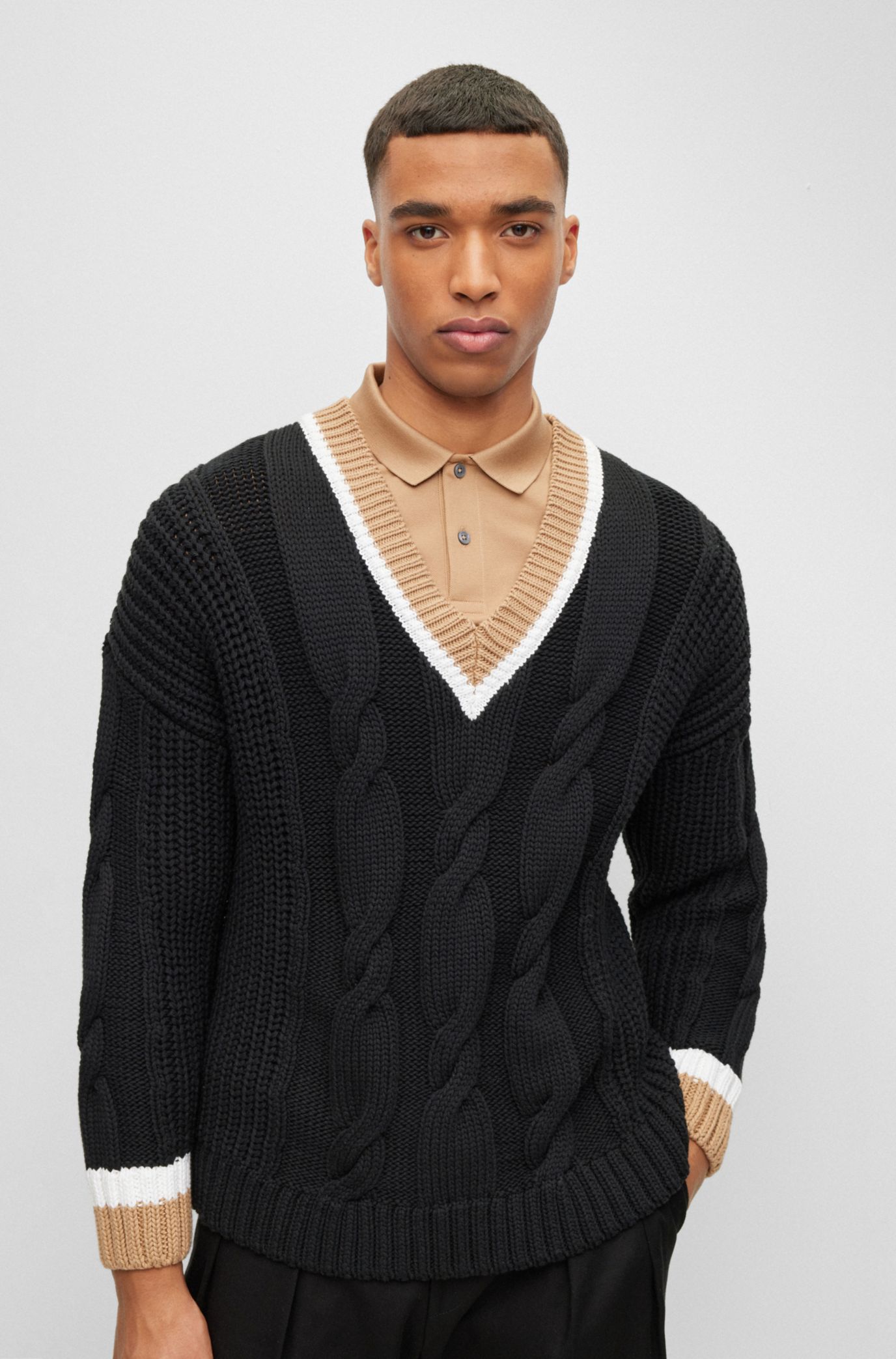 BOSS - Cotton-blend V-neck sweater with cabled structure