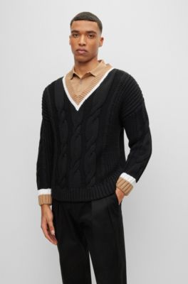 BOSS - Cotton-blend V-neck sweater with cabled structure