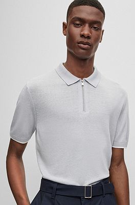 BOSS - Linen-blend polo sweater with zip placket