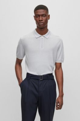 Hugo Boss Linen-blend Polo Sweater With Zip Placket In Light Grey