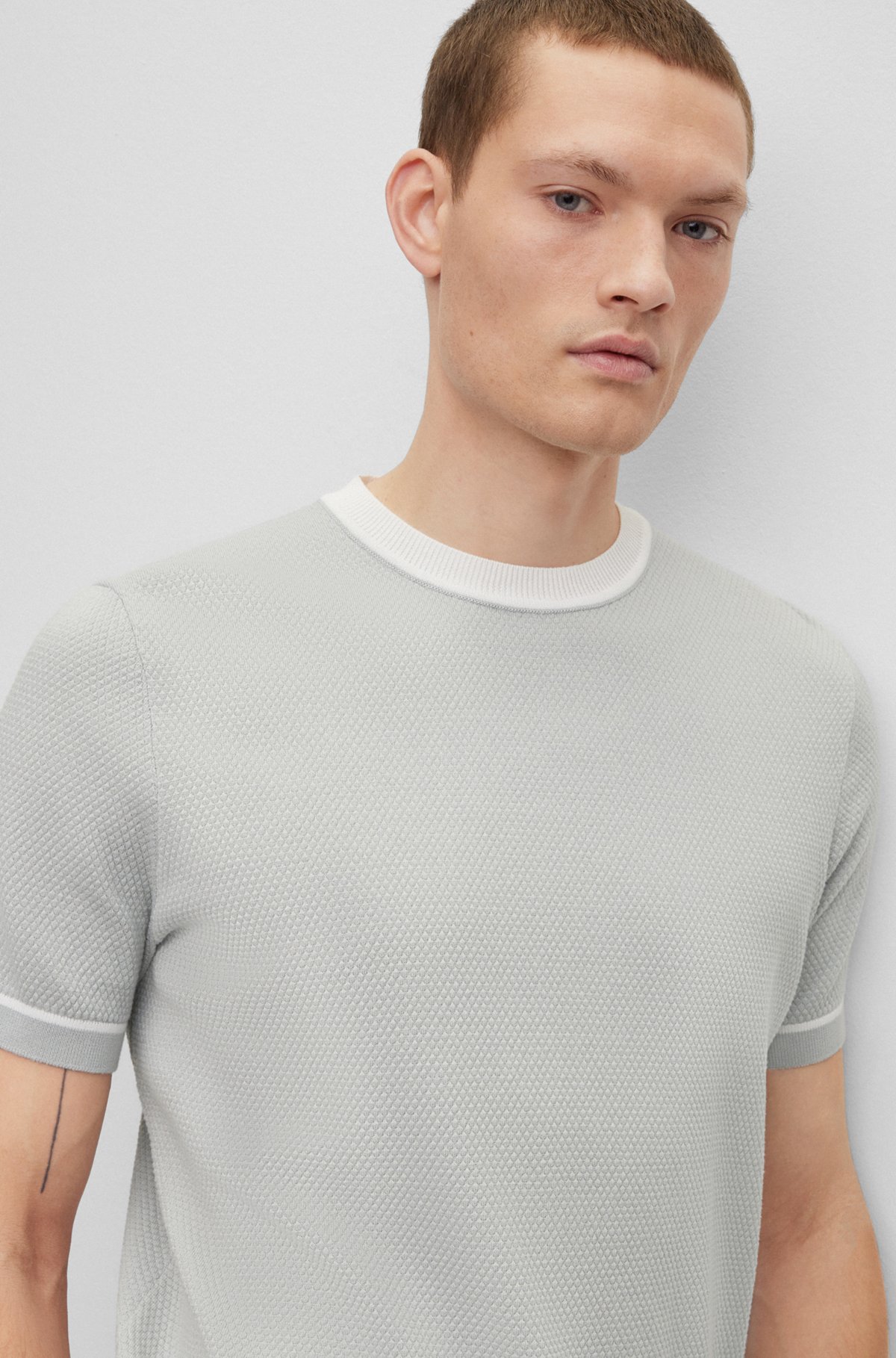 Structured-cotton regular-fit sweater with contrast tipping, Light Grey