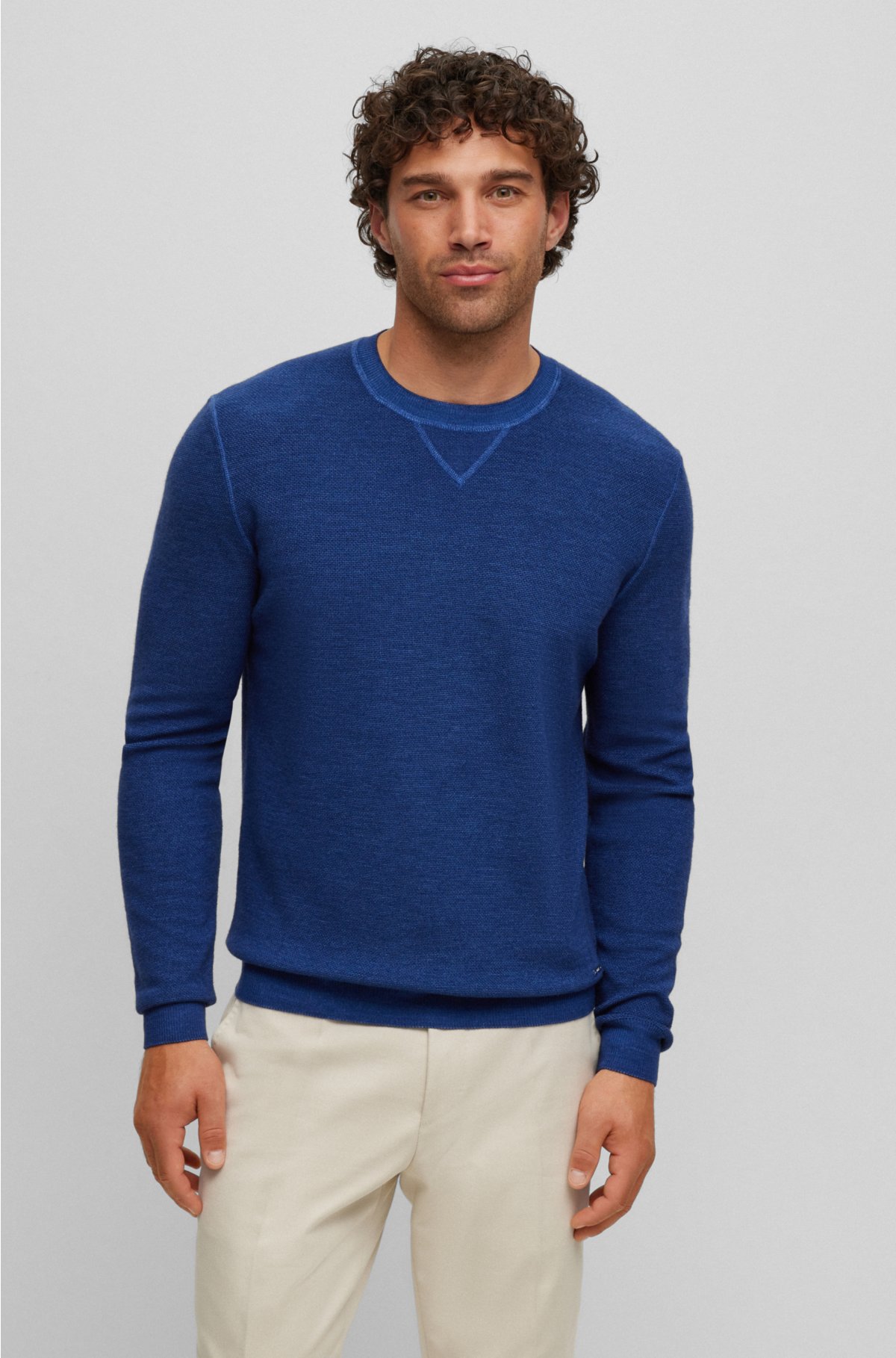 Structured-knit sweater in virgin wool, silk and cashmere, Dark Blue
